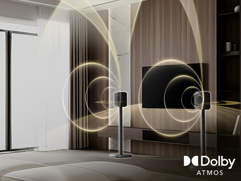 A living room with curved sound waves from an LG Sound Suite soundbar with Dolby Atmos FlexConnect supported surround sound system for TV