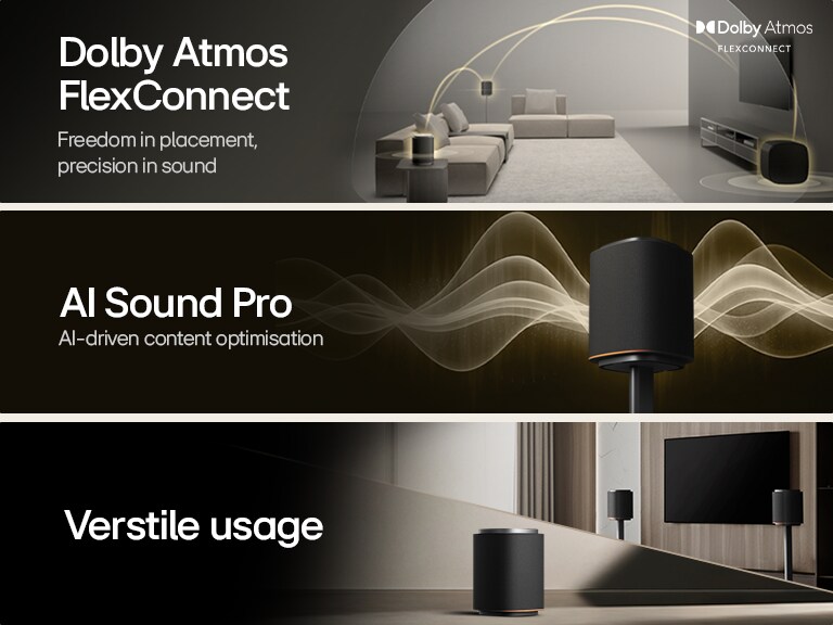 1) LG Sound Suite with Dolby Atmos FlexConnect technology detects each speaker’s location to optimize surround sound systems 2) LG Sound Suite speaker emitting golden sound waves, illustrating AI Sound Pro for an optimized home sound system 3) LG Sound Suite speakers arranged with a TV , highlighting versatile use for home audio systems