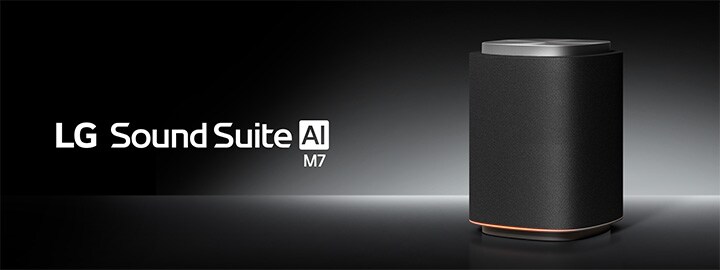 LG Sound Suite M7 wireless speaker with a black textured design and orange light for immersive surround sound systems