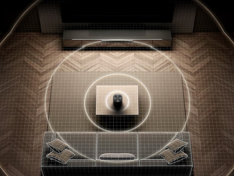 Top-down view of a living room where circular sound waves spreading evenly between the speaker and soundbar, illustrating Room Calibration