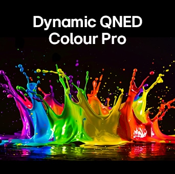 LG QNED AI QNED90 Mini LED with Dynamic QNED Color fills the screen with vivid, fluid bursts of multicolored, paint-like motion, showcasing enhanced color vibrancy certified for 100% Color Volume.