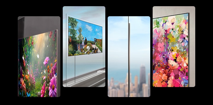 LG OLED evo AI W6 Wallpaper TV Flush Fit with Zero Gap is shown mounted flat with no visible separation, presented in multiple angled views that highlight its slim side profile, high picture quality, and clean cable-free display.