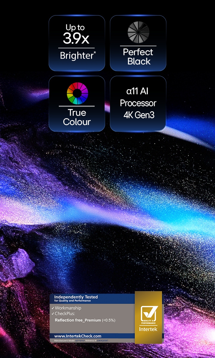 LG OLED evo W6 displays on-screen icons for 3.9x Brighter peak brightness, Perfect Black and Perfect Color, Reflection Free Premium, and alpha 11 AI Processor 4K Gen3 above a cosmic burst of purple and blue particles forming a whale shape.