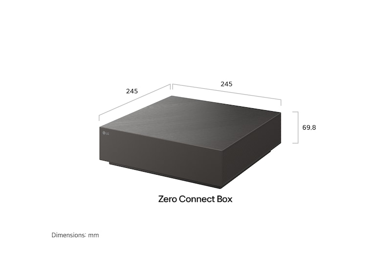 The Zero Connect Box, installed with LG OLED evo AI W6 Wallpaper TV, features a compact rectangular design measuring 245 by 245 mm with a height of 69.8 mm, illustrating a clean wireless TV setup that is now 35% smaller than before.