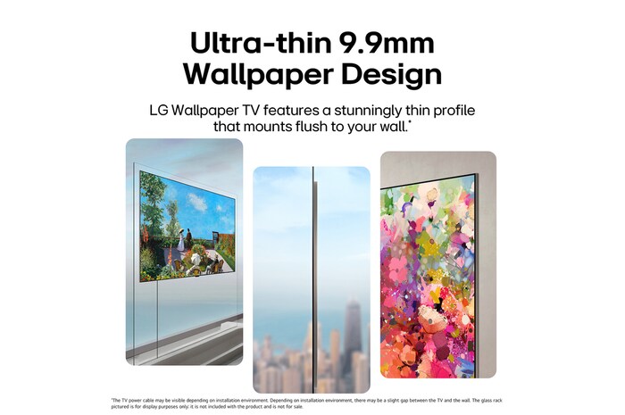 LG OLED evo AI W6 Wallpaper TV Flush Fit with Zero Gap is shown mounted flat with no visible separation, presented in multiple angled views that highlight its slim side profile, high picture quality, and clean cable-free display.