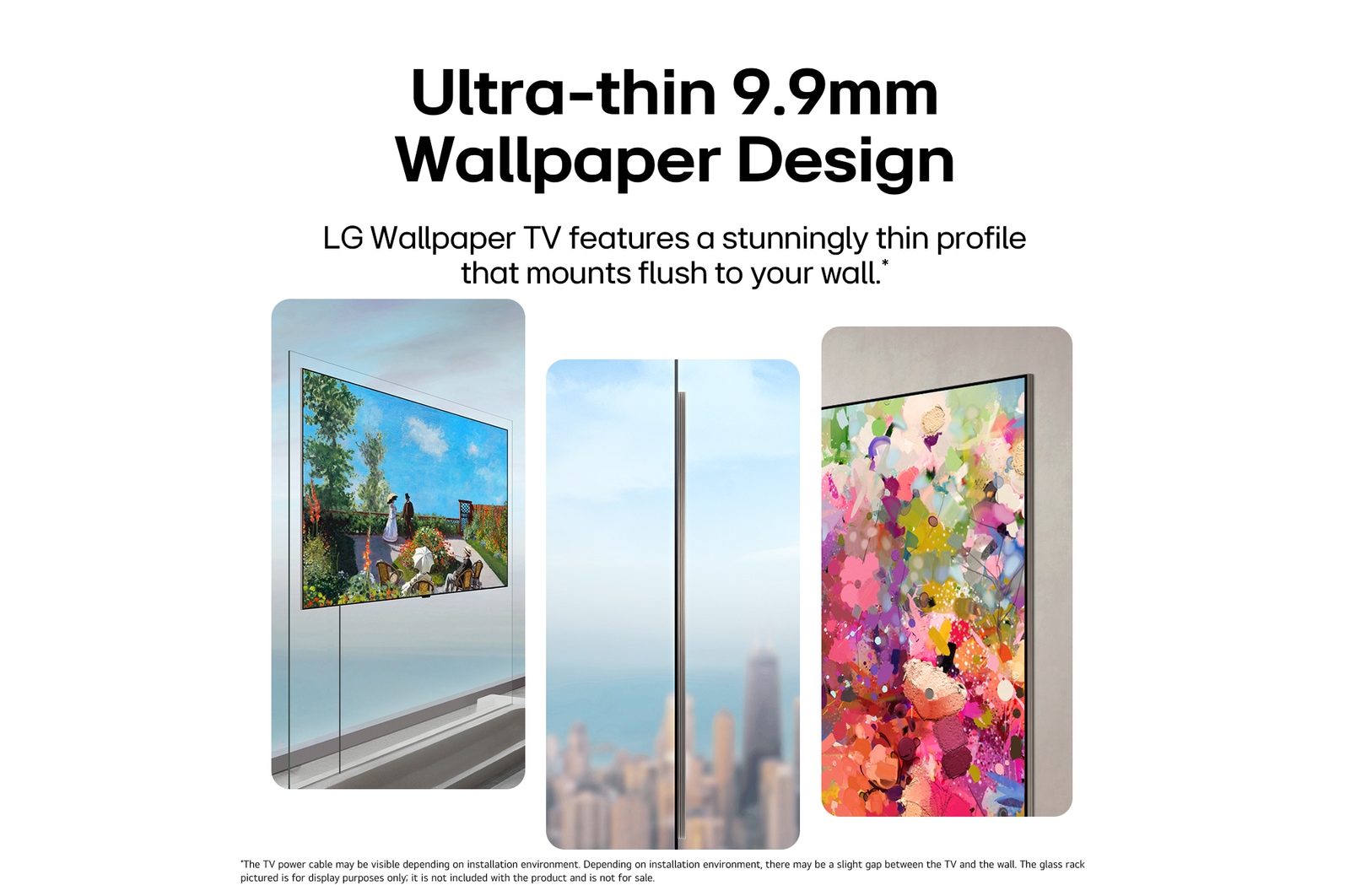 LG OLED evo AI W6 Wallpaper TV Flush Fit with Zero Gap is shown mounted flat with no visible separation, presented in multiple angled views that highlight its slim side profile, high picture quality, and clean cable-free display.