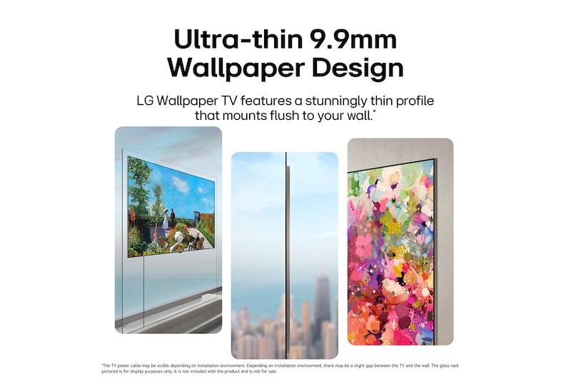 LG OLED evo AI W6 Wallpaper TV Flush Fit with Zero Gap is shown mounted flat with no visible separation, presented in multiple angled views that highlight its slim side profile, high picture quality, and clean cable-free display.