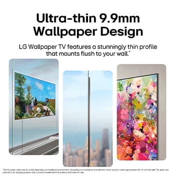 LG OLED evo AI W6 Wallpaper TV Flush Fit with Zero Gap is shown mounted flat with no visible separation, presented in multiple angled views that highlight its slim side profile, high picture quality, and clean cable-free display.