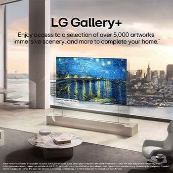 LG OLED evo AI W6 Wallpaper TV with Diverse Art Content from LG Gallery+ displays Vincent van Gogh’s The Starry Night on screen in a living room with floor-to-ceiling windows, enhancing the interior with curated gallery-style art.