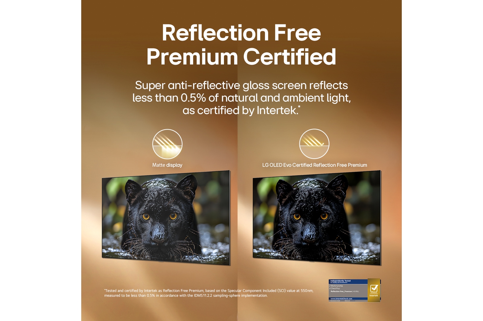 LG OLED evo AI W6 Wallpaper TV with Reflection Free Premium shows a side-by-side comparison against an anti-glare matte display, keeping the black jaguar image clear with deep blacks and fine texture, especially in bright environments, with an Intertek certification mark shown.