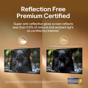 LG OLED evo AI W6 Wallpaper TV with Reflection Free Premium shows a side-by-side comparison against an anti-glare matte display, keeping the black jaguar image clear with deep blacks and fine texture, especially in bright environments, with an Intertek certification mark shown.
