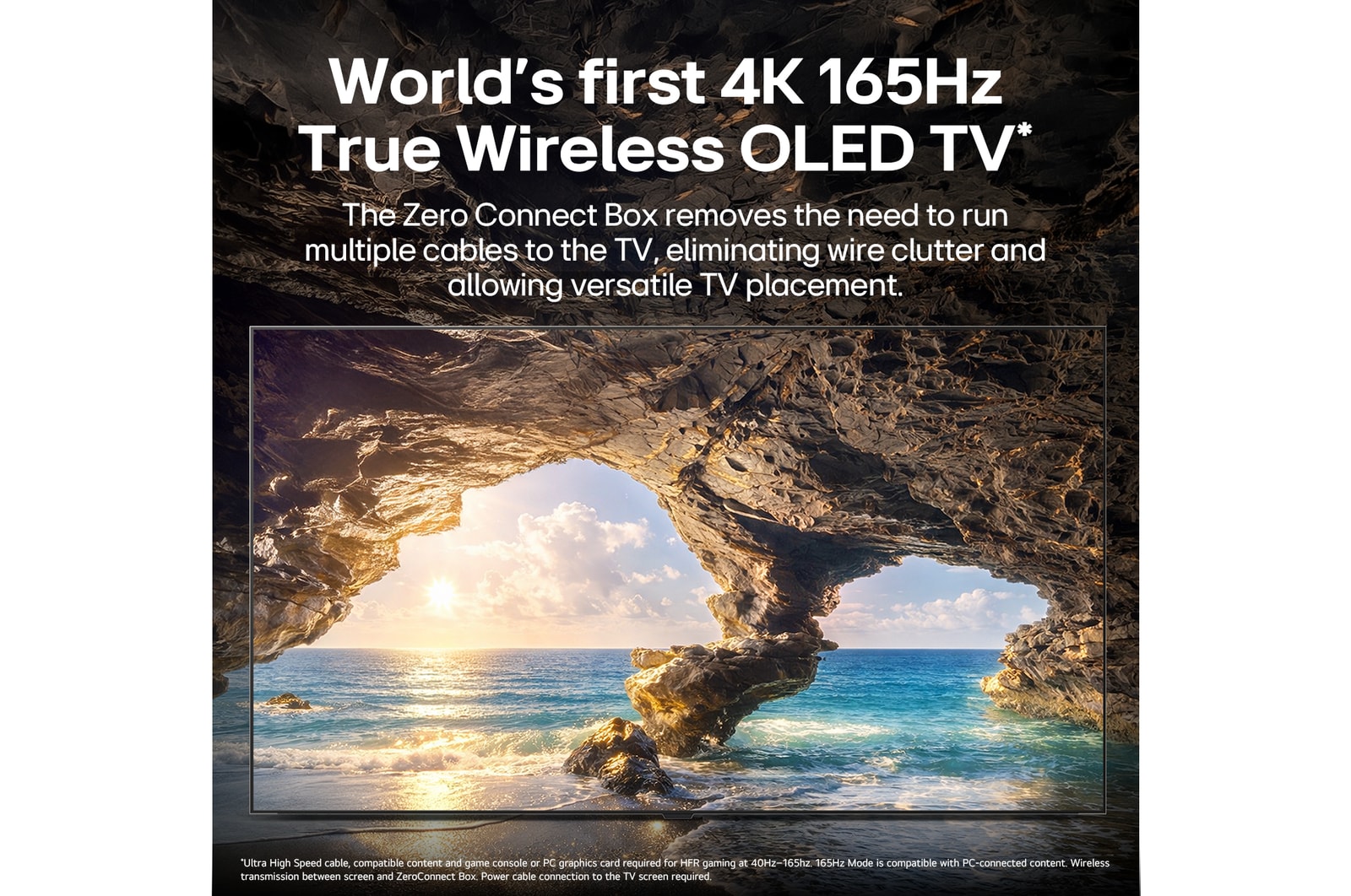 LG OLED evo AI W6 Wallpaper TV with Visually Lossless performance displays a sunlit ocean cave scene in 4K 165Hz, preserving fine detail, natural colour, and smooth motion wirelessly.