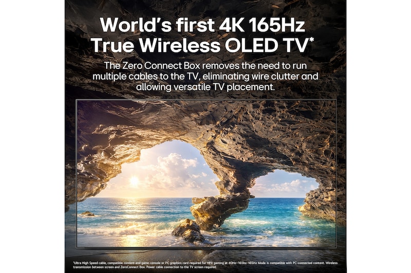 LG OLED evo AI W6 Wallpaper TV with Visually Lossless performance displays a sunlit ocean cave scene in 4K 165Hz, preserving fine detail, natural colour, and smooth motion wirelessly.