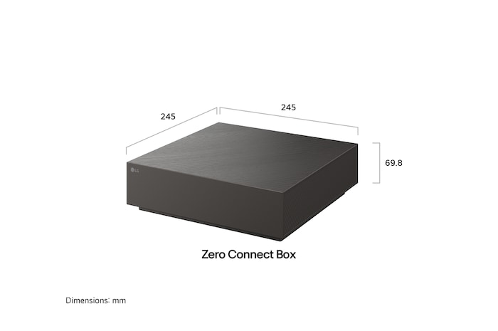 The Zero Connect Box, installed with LG OLED evo AI W6 Wallpaper TV, features a compact rectangular design measuring 245 by 245 mm with a height of 69.8 mm, illustrating a clean wireless TV setup that is now 35% smaller than before.