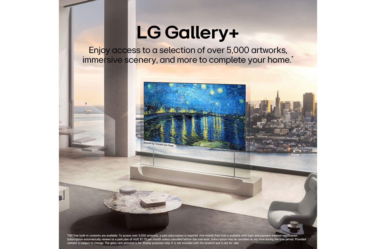 LG OLED evo AI W6 Wallpaper TV with Diverse Art Content from LG Gallery+ displays Vincent van Gogh’s The Starry Night on screen in a living room with floor-to-ceiling windows, enhancing the interior with curated gallery-style art.
