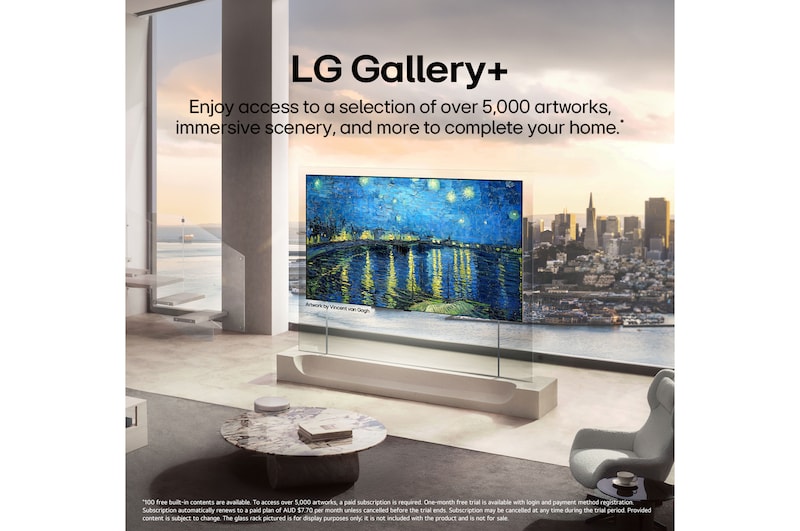 LG OLED evo AI W6 Wallpaper TV with Diverse Art Content from LG Gallery+ displays Vincent van Gogh’s The Starry Night on screen in a living room with floor-to-ceiling windows, enhancing the interior with curated gallery-style art.