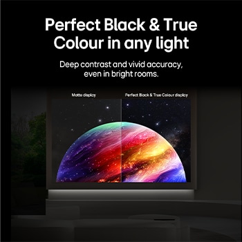 LG OLED evo AI W6 Wallpaper TV shows a split-screen planet-and-stars scene, comparing an anti-glare matte display with its Perfect Black & Perfect Color display for clearer picture quality in any light, supported by UL certification and Intertek certifications for color accuracy and Reflection-Free.L