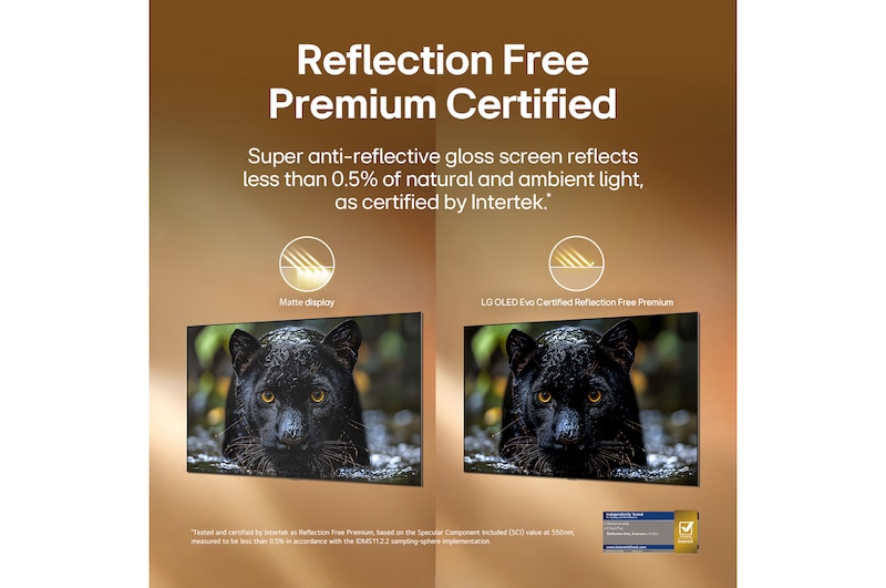 LG OLED evo AI W6 Wallpaper TV with Reflection Free Premium shows a side-by-side comparison against an anti-glare matte display, keeping the black jaguar image clear with deep blacks and fine texture, especially in bright environments, with an Intertek certification mark shown.