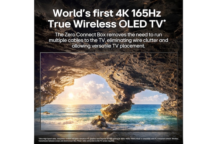 LG OLED evo AI W6 Wallpaper TV with Visually Lossless performance displays a sunlit ocean cave scene in 4K 165Hz, preserving fine detail, natural colour, and smooth motion wirelessly.
