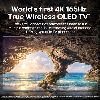 LG OLED evo AI W6 Wallpaper TV with Visually Lossless performance displays a sunlit ocean cave scene in 4K 165Hz, preserving fine detail, natural colour, and smooth motion wirelessly.