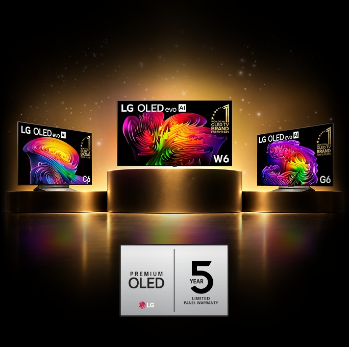 5-Year Limited Panel Warranty logo for Premium OLED G6 is shown on a dark background.