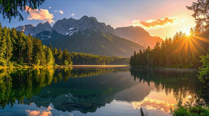 LG NANO 4K UHD AI NU85 highlights HDR10 Pro in a split scenic image comparing SDR and HDR10 Pro, revealing brighter highlights, deeper shadows, and enhanced contrast in a sunset lake scene for richer detail and clarity.