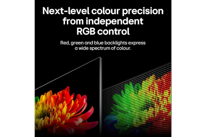 LG Micro RGB evo AI MRGB95, powered by RGB Primary Colour Ultra, shows a flower image on the screen, with precisely controlled red, green, and blue light from distinct Micro RGB engines for balanced colour and refined contrast.