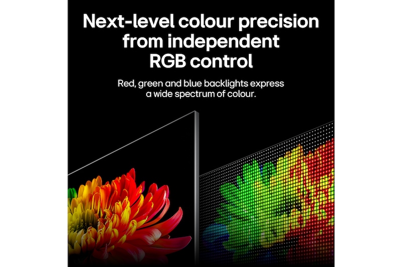 LG Micro RGB evo AI MRGB95, powered by RGB Primary Colour Ultra, shows a flower image on the screen, with precisely controlled red, green, and blue light from distinct Micro RGB engines for balanced colour and refined contrast. 