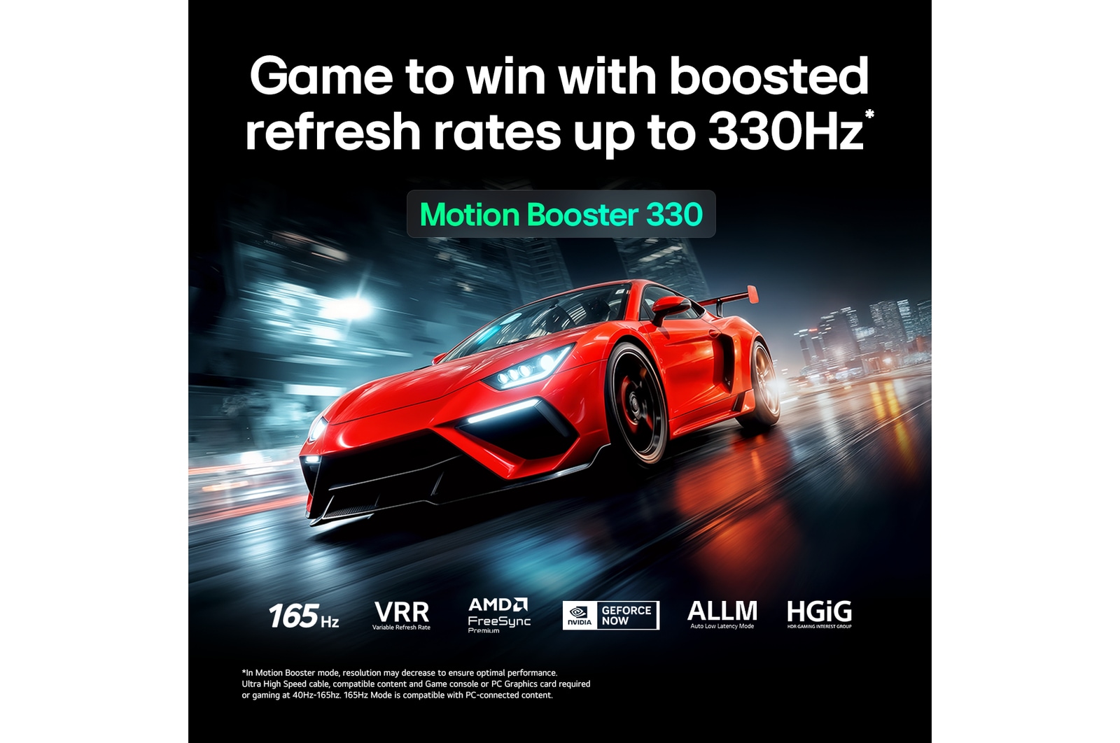 LG Micro RGB evo AI MRGB95 with Ultimate Gameplay shows a vibrant, high-speed racing scene with a blurred comparison inset highlighting Motion Booster 330, while supporting 165 Hz, VRR, AMD FreeSync, ALLM, HGiG, and GeForce NOW. 