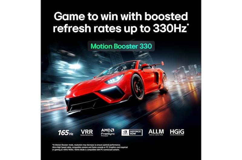 LG Micro RGB evo AI MRGB95 with Ultimate Gameplay shows a vibrant, high-speed racing scene with a blurred comparison inset highlighting Motion Booster 330, while supporting 165 Hz, VRR, AMD FreeSync, ALLM, HGiG, and GeForce NOW. 