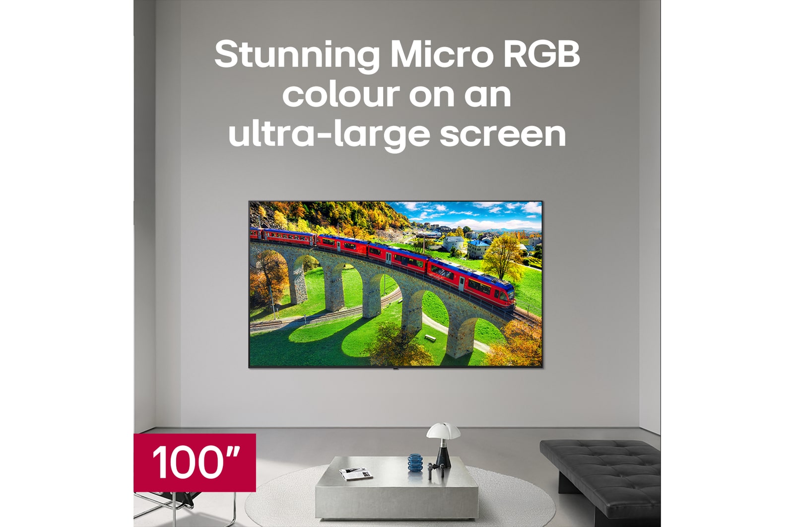 LG Micro RGB evo AI MRGB95, offering up to 100 inches, is wall-mounted in a spacious modern living room. Displaying a vivid, colourful landscape that highlights rich colour and fine detail, elevating the interior to a new level. 