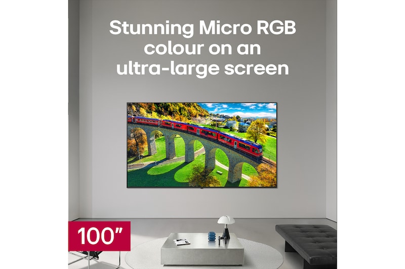 LG Micro RGB evo AI MRGB95, offering up to 100 inches, is wall-mounted in a spacious modern living room. Displaying a vivid, colourful landscape that highlights rich colour and fine detail, elevating the interior to a new level. 
