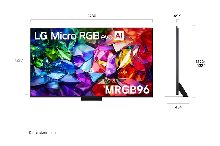 LG Micro RGB evo AI MRGB95 shown in front and side views highlights a 100-inch display with a 2230 mm-wide screen, 1277 mm screen height, 1374 mm height with stand, a 49.9 mm depth, and a stand footprint measuring 1725 by 415 mm.