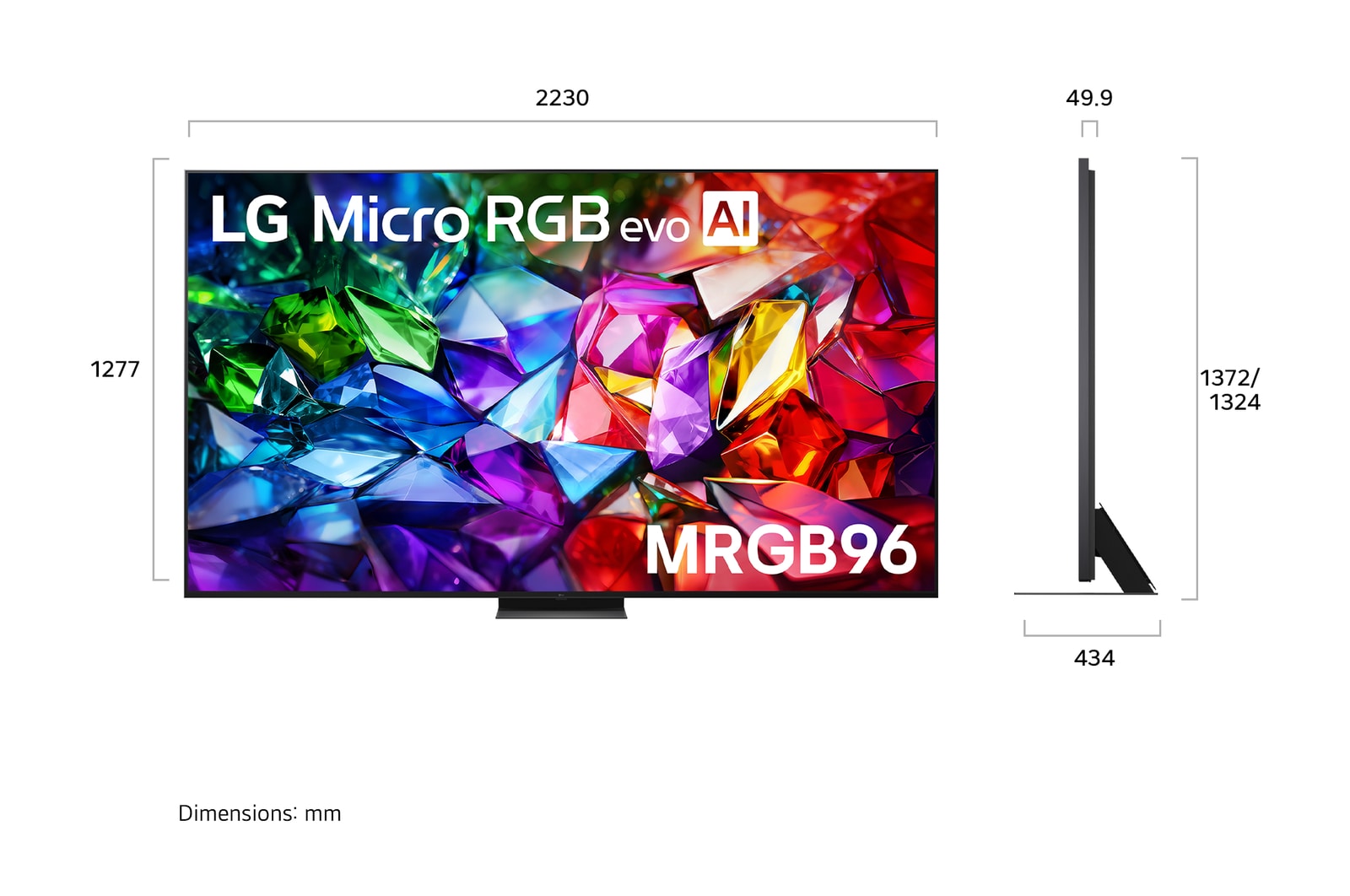 LG Micro RGB evo AI MRGB95 shown in front and side views highlights a 100-inch display with a 2230 mm-wide screen, 1277 mm screen height, 1374 mm height with stand, a 49.9 mm depth, and a stand footprint measuring 1725 by 415 mm.