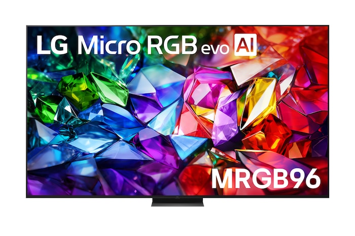 The front view of LG Micro RGB evo AI MRGB95, released in 2026, displays a vivid, crystalline image of sharply defined red, green, and blue facets, featuring 100-inch display, webOS, RGB Primary Color Ultra, and the α11 AI Processor 4K Gen3.