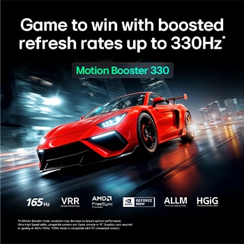 LG Micro RGB evo AI MRGB95 with Ultimate Gameplay shows a vibrant, high-speed racing scene with a blurred comparison inset highlighting Motion Booster 330, while supporting 165 Hz, VRR, AMD FreeSync, ALLM, HGiG, and GeForce NOW. 