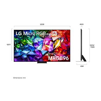 LG Micro RGB evo AI MRGB95 shown in front and side views highlights a 100-inch display with a 2230 mm-wide screen, 1277 mm screen height, 1374 mm height with stand, a 49.9 mm depth, and a stand footprint measuring 1725 by 415 mm.