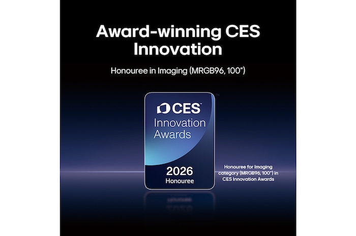 LG Shield, applied to LG Micro RGB evo AI MRGB95, is shown with an LG Shield logo at the center, security icons below, and a 2026 CES Innovation Awards Honoree badge above, representing data and system protection. 