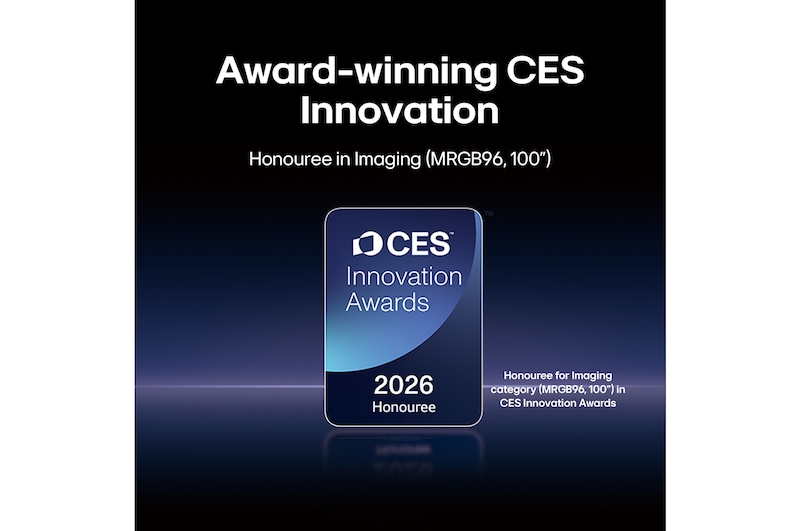 LG Shield, applied to LG Micro RGB evo AI MRGB95, is shown with an LG Shield logo at the center, security icons below, and a 2026 CES Innovation Awards Honoree badge above, representing data and system protection.
