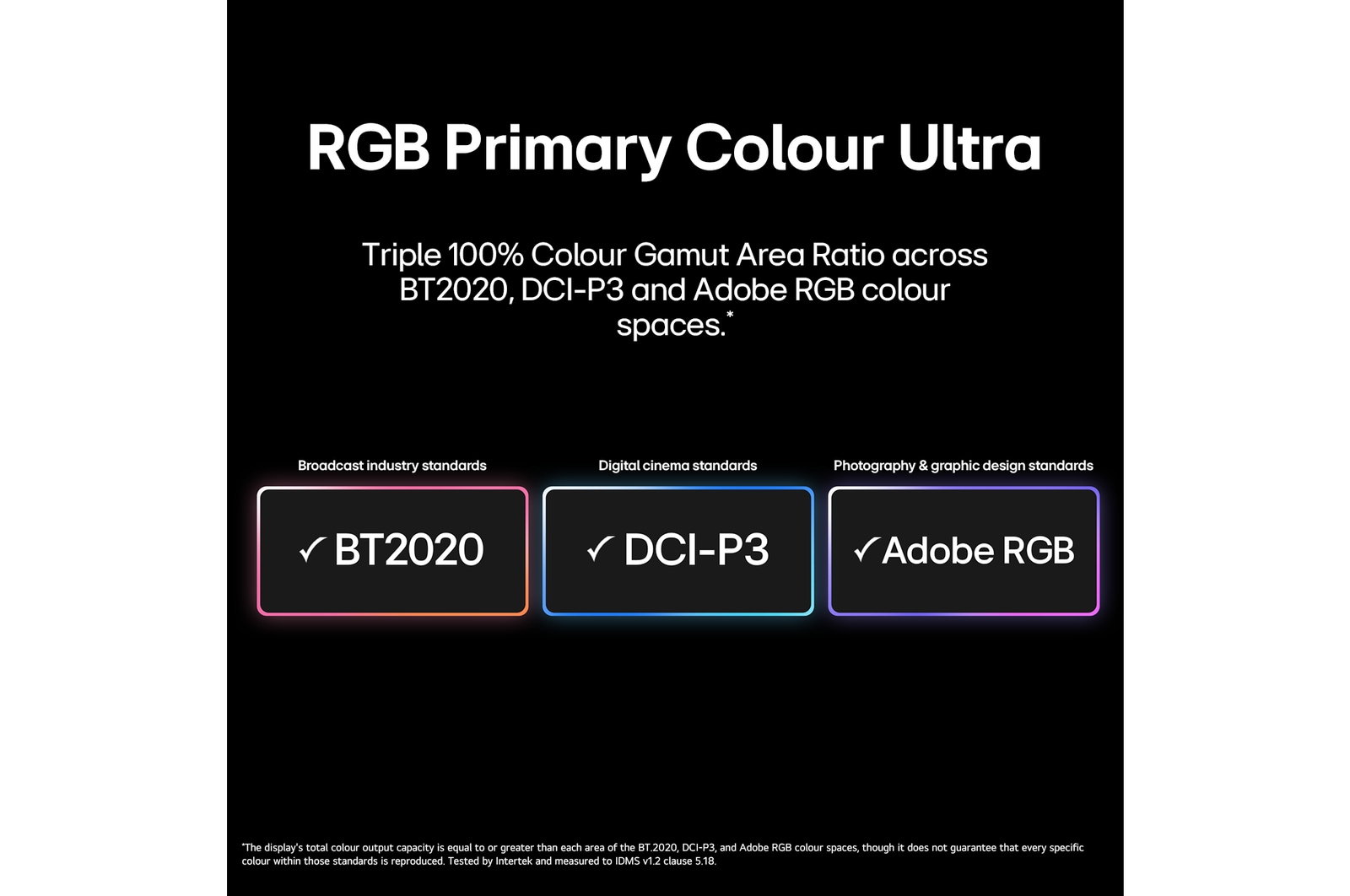 LG Micro RGB evo AI MRGB95, featuring Micro RGB ultra-fine colour control, delivers 100% colour coverage of BT2020, DCI-P3, and Adobe RGB as certified by Intertek.