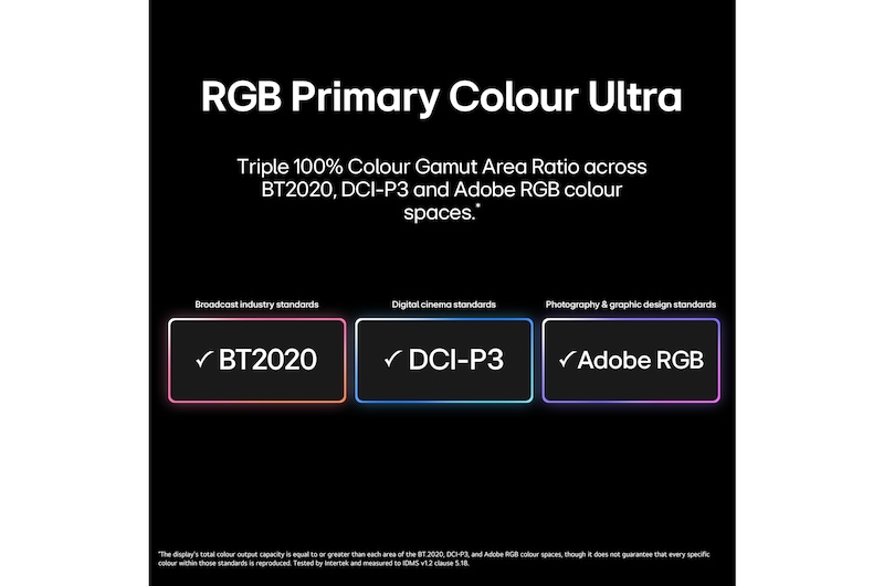 LG Micro RGB evo AI MRGB95, featuring Micro RGB ultra-fine colour control, delivers 100% colour coverage of BT2020, DCI-P3, and Adobe RGB as certified by Intertek.