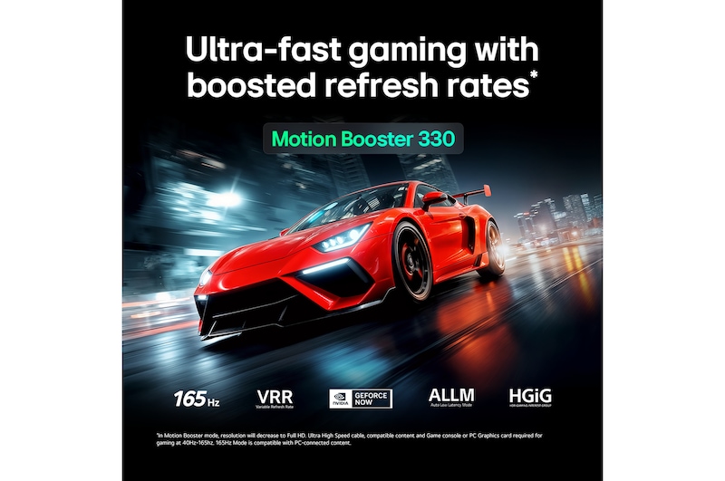 LG Micro RGB evo AI MRGB95 with Ultimate Gameplay shows a vibrant, high-speed racing scene with a blurred comparison inset highlighting Motion Booster 330, while supporting 165 Hz, VRR, AMD FreeSync, ALLM, HGiG, and GeForce NOW.