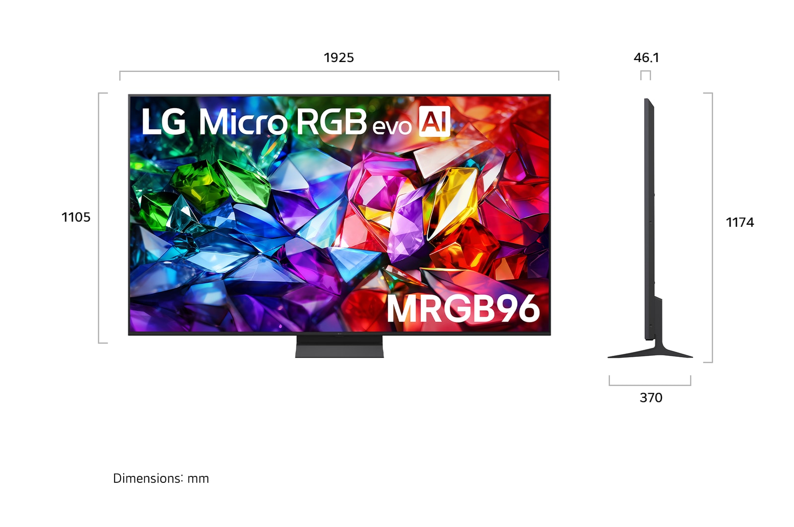 LG Micro RGB evo AI MRGB95 shown in front and side views highlights a 100-inch display with a 2230 mm-wide screen, 1277 mm screen height, 1374 mm height with stand, a 49.9 mm depth, and a stand footprint measuring 1725 by 415 mm.