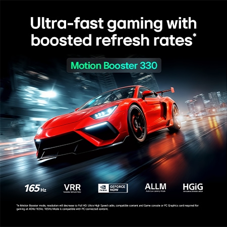 LG Micro RGB evo AI MRGB95 with Ultimate Gameplay shows a vibrant, high-speed racing scene with a blurred comparison inset highlighting Motion Booster 330, while supporting 165 Hz, VRR, AMD FreeSync, ALLM, HGiG, and GeForce NOW.