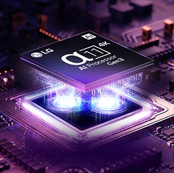 LG Micro RGB evo AI MRGB95 features the new alpha 11 AI Processor 4K Gen3, which glows in purple light on a dark circuit board, highlighting the Dual AI Engine. 