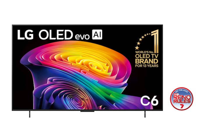 The front view of the LG OLED evo AI C6, released in 2026, displays an image of layered, multicolored forms, featuring Perfect Black & Perfect Color, along with the World’s No.1 OLED TV for 13 Years badge.