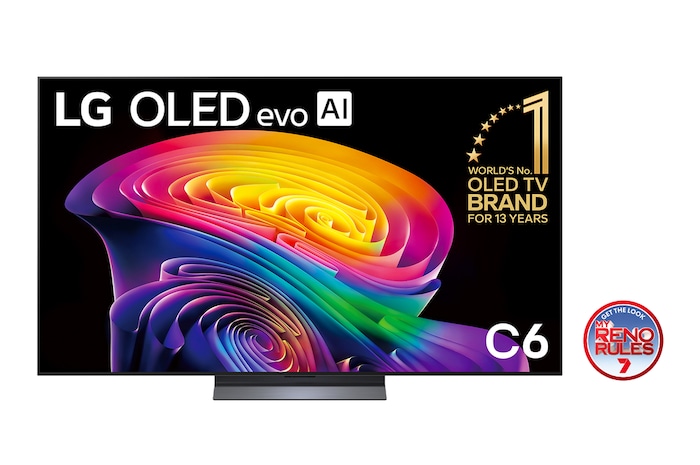 The front view of the LG OLED evo AI C6, released in 2026, displays an image of layered, multicolored forms, featuring Perfect Black & Perfect Color, along with the World’s No.1 OLED TV for 13 Years badge.