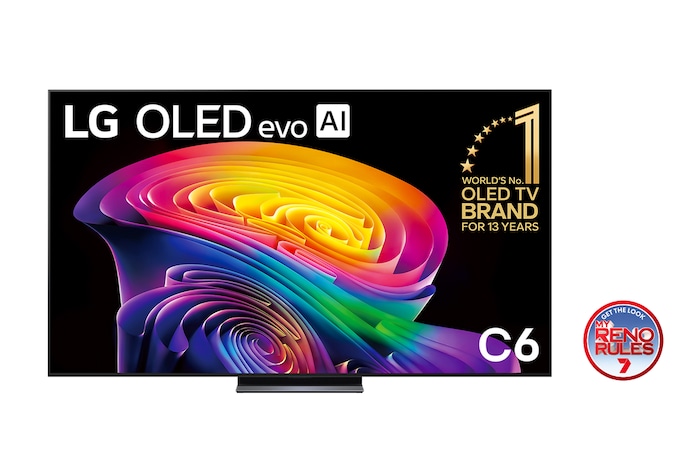 The front view of the LG OLED evo AI C6, released in 2026, displays an image of layered, multicolored forms, featuring Hyper Radiant Color Tech, Perfect Black & Perfect Color, along with the World’s No.1 OLED TV for 13 Years badge.