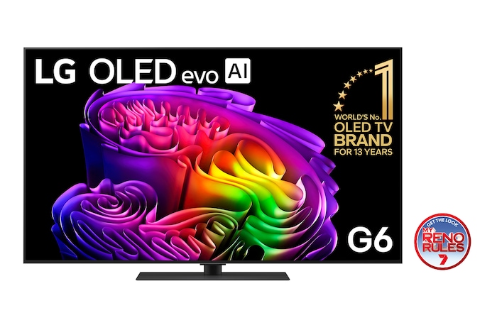The front view of the LG OLED evo AI G6, released in 2026, displays an image of layered, multicolored forms, featuring Hyper Radiant Color Tech, Perfect Black & Perfect Color, along with the World’s No.1 OLED TV for 13 Years badge.