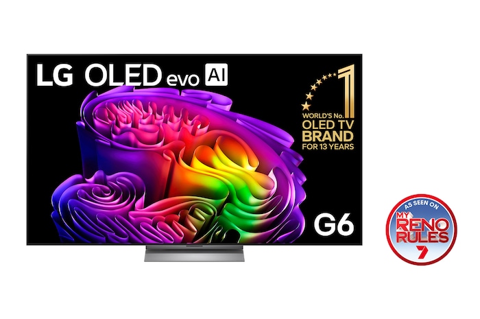 The front view of the LG OLED evo AI G6, released in 2026, displays an image of layered, multicolored forms, featuring Hyper Radiant Color Tech, Perfect Black & Perfect Color, along with the World’s No.1 OLED TV for 13 Years badge.